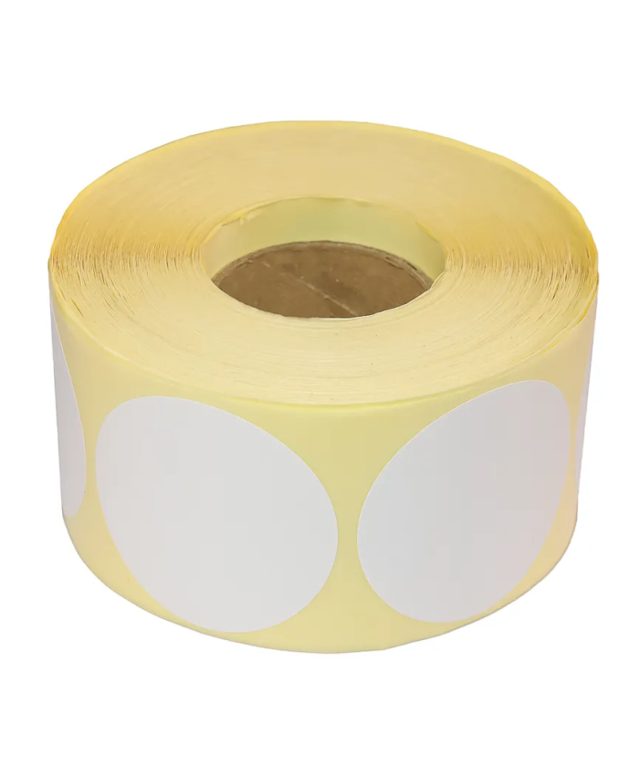 Circular Blank White Semi-Gloss Labels, 50mm x 50mm, Hotmelt Adhesive, 1000 Labels per Roll