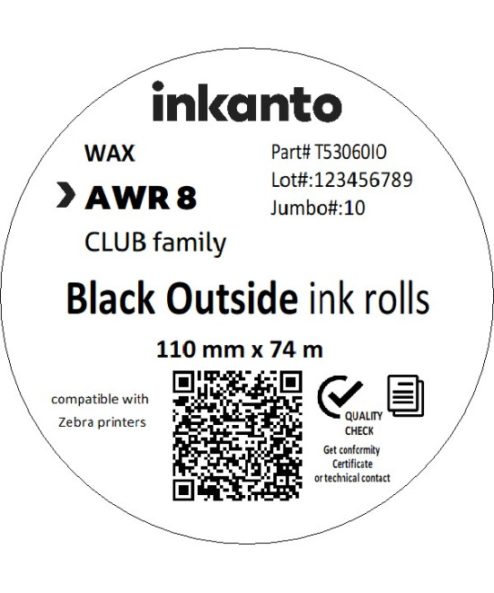 110mm x 74M inkanto CSO AWR8 Standard Wax Thermal Transfer Ribbon Half Inch Core