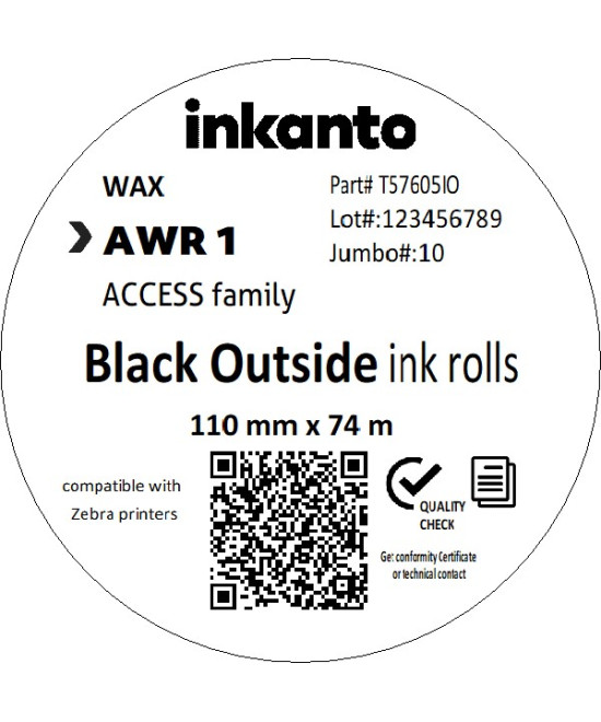 110mm x 74M inkanto CSO AWR1 Economy Wax Thermal Transfer Ribbon Half Inch Core