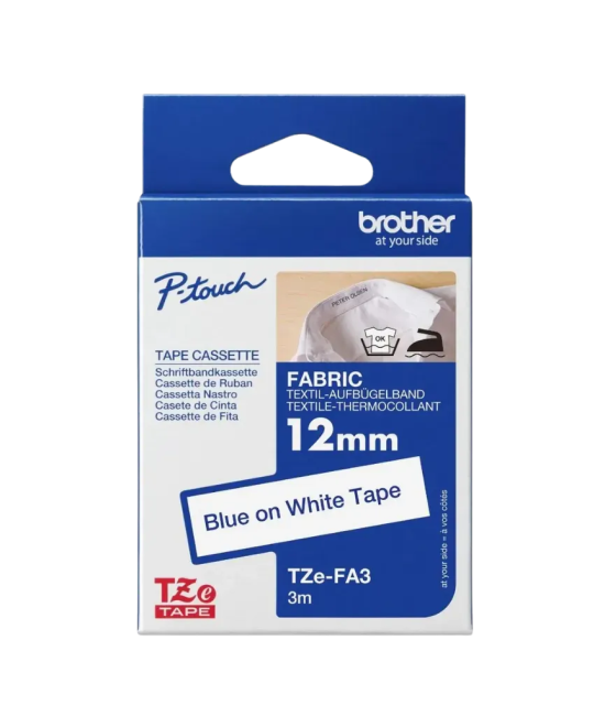 Brother TZe FA3 12mm Blue on White Fabric Iron-On Tape
